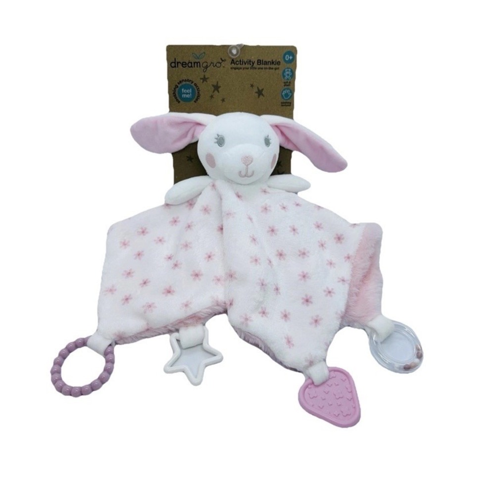 Dreamgro Pink Bunny Activity Blankie Lovey Plush Security Blanket 14" Rattle NWT